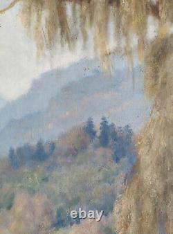 Tableau ancien huile sur panneau encadré lac et paysage montagneux