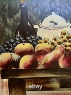 Tableau ancien huile sur panneau nature morte aux fruits signé cadre doré