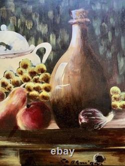 Tableau ancien huile sur panneau nature morte aux fruits signé cadre doré