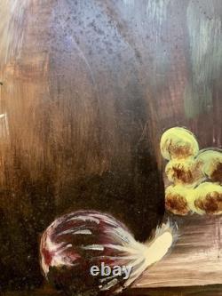 Tableau ancien huile sur panneau nature morte aux fruits signé cadre doré