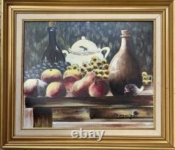 Tableau ancien huile sur panneau nature morte aux fruits signé cadre doré