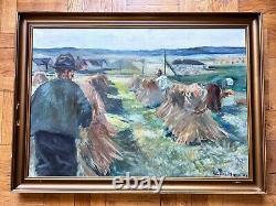 Tableau ancien huile sur toile Anders Carl Hune (1894-1968) Paysage de récolte