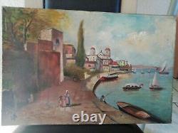 Tableau ancien huile sur toile Marine 19 em port animé école française