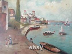 Tableau ancien huile sur toile Marine 19 em port animé école française