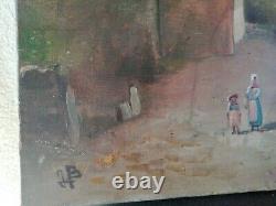 Tableau ancien huile sur toile Marine 19 em port animé école française