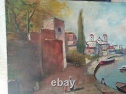 Tableau ancien huile sur toile Marine 19 em port animé école française