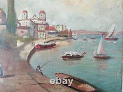 Tableau ancien huile sur toile Marine 19 em port animé école française