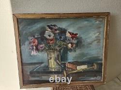 Tableau ancien huile sur toile Nature Morte Florale 1946 signé