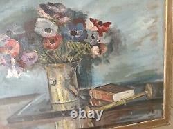 Tableau ancien huile sur toile Nature Morte Florale 1946 signé