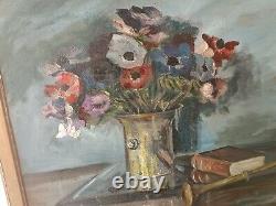 Tableau ancien huile sur toile Nature Morte Florale 1946 signé