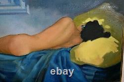 Tableau ancien huile sur toile Nu signé Georges Varenne début XXe Art Déco Bleu