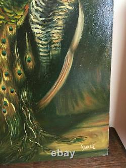 Tableau ancien huile sur toile SANCHEZ (XXe-s) nature morte paon