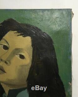 Tableau ancien, huile sur toile à restaurer, La vietnamienne, portrait