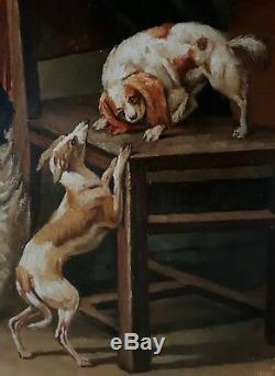 Tableau ancien huile sur toile animaux chiens singe perroquet J. CLECK XIXème