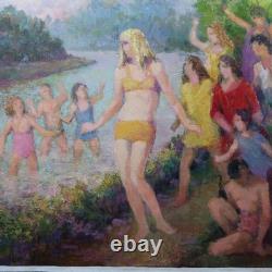 Tableau ancien huile sur toile baignade Henri Laffite 1965
