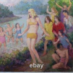 Tableau ancien huile sur toile baignade Henri Laffite 1965