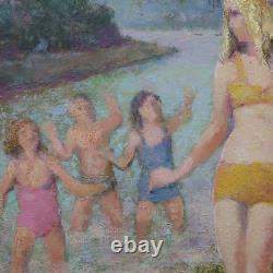 Tableau ancien huile sur toile baignade Henri Laffite 1965
