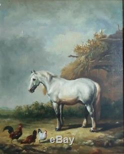 Tableau ancien huile sur toile cheval coq poules LENOIR XIXème 19ème