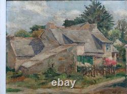 Tableau ancien huile sur toile ferme bretonne paysage