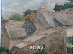 Tableau ancien huile sur toile ferme bretonne paysage