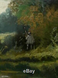 Tableau ancien huile sur toile paysage lacustre animé XIXème 19ème (signé)