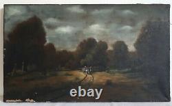 Tableau ancien huile sur toile paysage orageux charrette XIXème