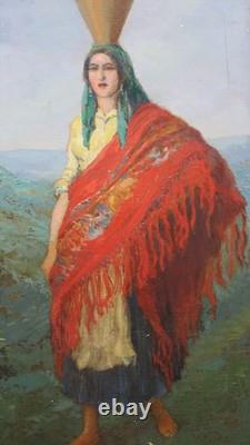 Tableau ancien huile sur toile porteuse d'eau au Châle Rouge portugal