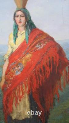 Tableau ancien huile sur toile porteuse d'eau au Châle Rouge portugal