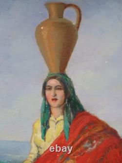 Tableau ancien huile sur toile porteuse d'eau au Châle Rouge portugal