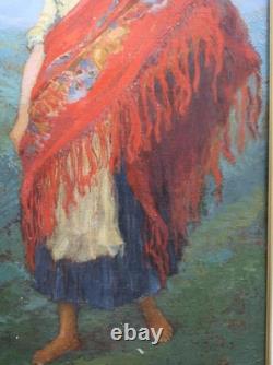 Tableau ancien huile sur toile porteuse d'eau au Châle Rouge portugal
