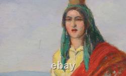 Tableau ancien huile sur toile porteuse d'eau au Châle Rouge portugal