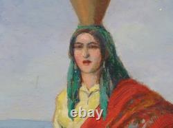 Tableau ancien huile sur toile porteuse d'eau au Châle Rouge portugal