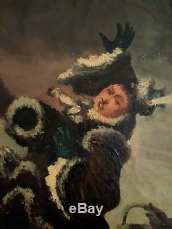 Tableau ancien huile sur toile scène hivernale patineurs patinage XIXème 19ème