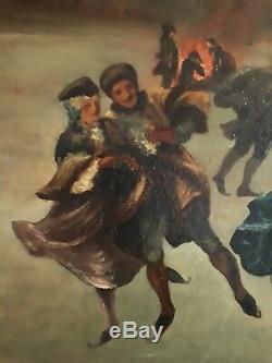 Tableau ancien huile sur toile scène hivernale patineurs patinage XIXème 19ème