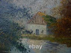 Tableau ancien huile sur toile signé / E. MOREL / Au bord de l'etang
