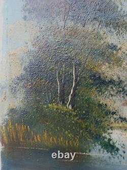 Tableau ancien huile sur toile signé / E. MOREL / Au bord de l'etang