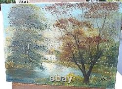 Tableau ancien huile sur toile signé / E. MOREL / Au bord de l'etang
