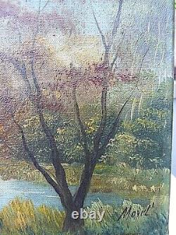 Tableau ancien huile sur toile signé / E. MOREL / Au bord de l'etang