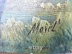 Tableau ancien huile sur toile signé / E. MOREL / Au bord de l'etang