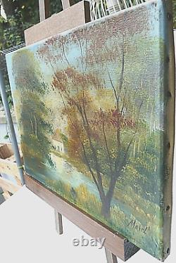 Tableau ancien huile sur toile signé / E. MOREL / Au bord de l'etang