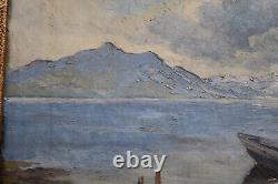 Tableau ancien huile sur toile signé lac montagnes pêcheurs