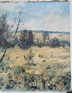 Tableau ancien huile sur toile signé, paysage provençale, garrigue années 40 50