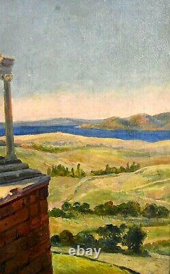 Tableau ancien huile sur toile temple en Grèce signé Léo DAVID (1864-1952)