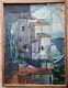 Tableau Ancien, Huile Sur Toile, Village De Bord De Mer