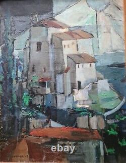 Tableau ancien, huile sur toile, village de bord de mer