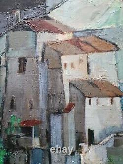 Tableau ancien, huile sur toile, village de bord de mer