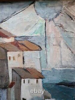 Tableau ancien, huile sur toile, village de bord de mer