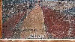 Tableau ancien, huile sur toile, village de bord de mer
