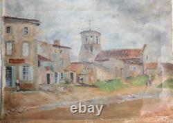 Tableau ancien, huile sur toile, village provençale et campanile