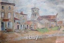 Tableau ancien, huile sur toile, village provençale et campanile